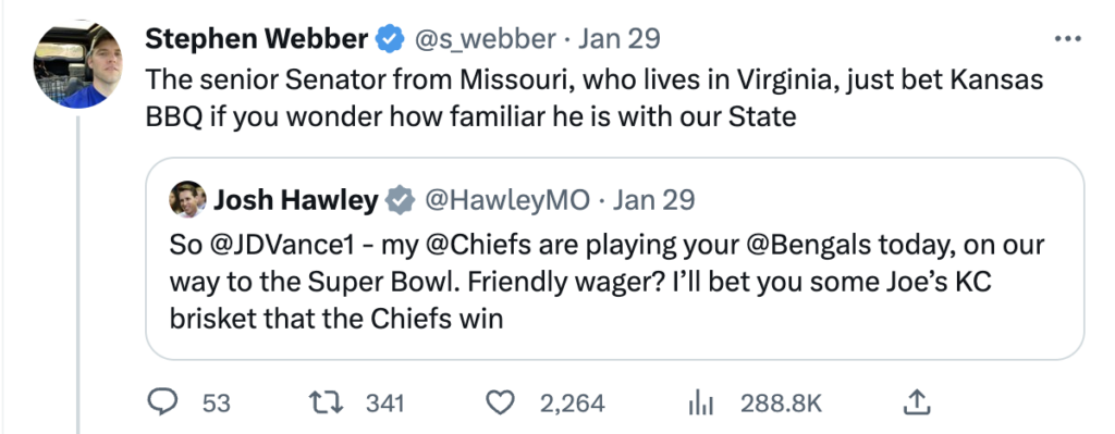 Ohio, Missouri senators wager ribs on Bengals-Chiefs game