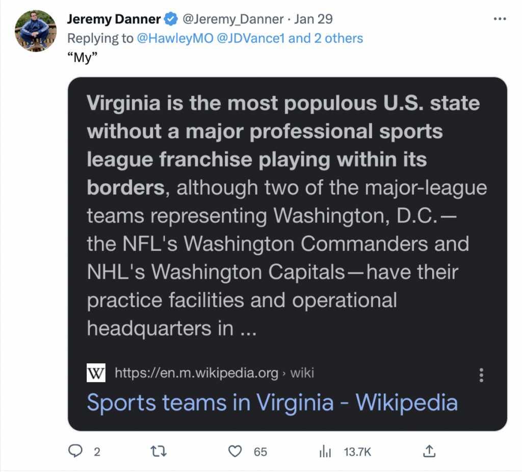 Virginia doesn't have a pro sports team