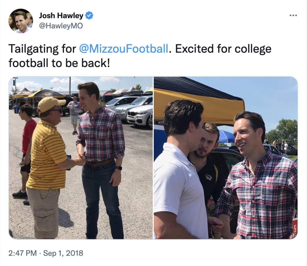 Josh Hawley wears KU colors to Mizzou football game
