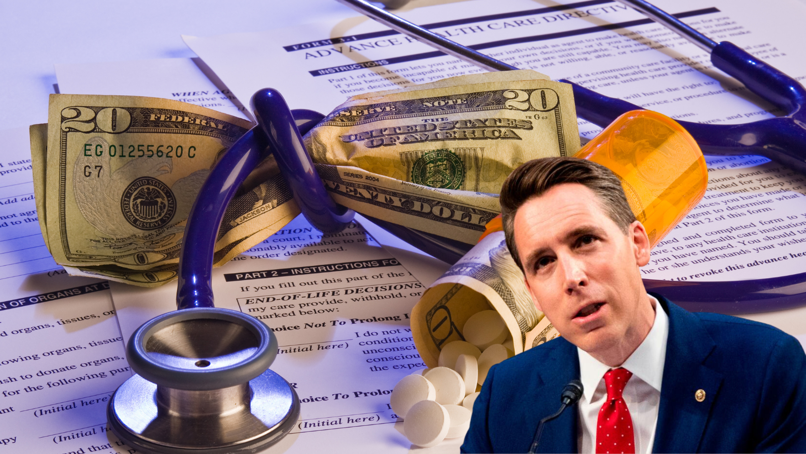 Josh Hawley over a graphic representation of pills and money