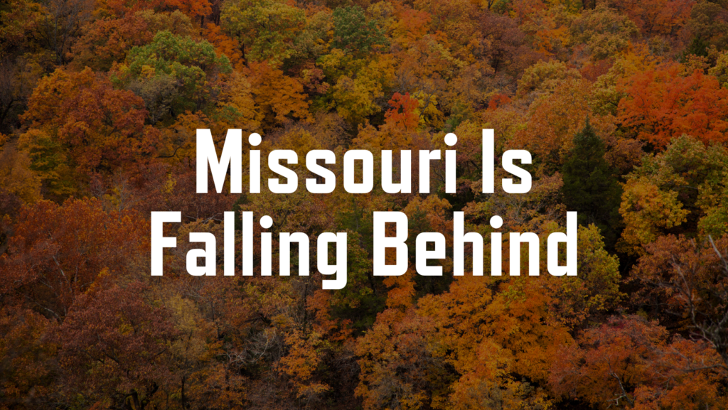 Missouri is falling behind text over a fall background of Ha Ha Tonka State Park