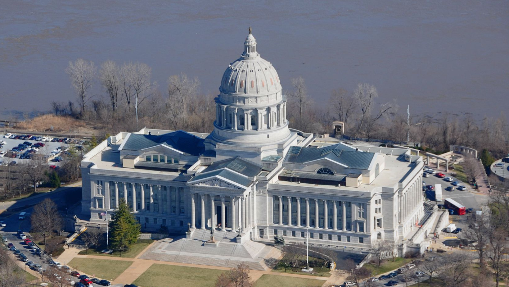 Aerial view of the Missouri State Capitol building on the river in Jefferson City, Missouri.